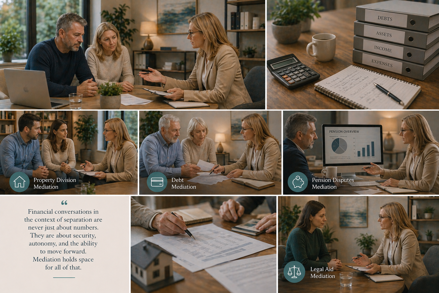 A mediator sitting with a couple in a comfortable office, discussing financial arrangements in a financial mediation session